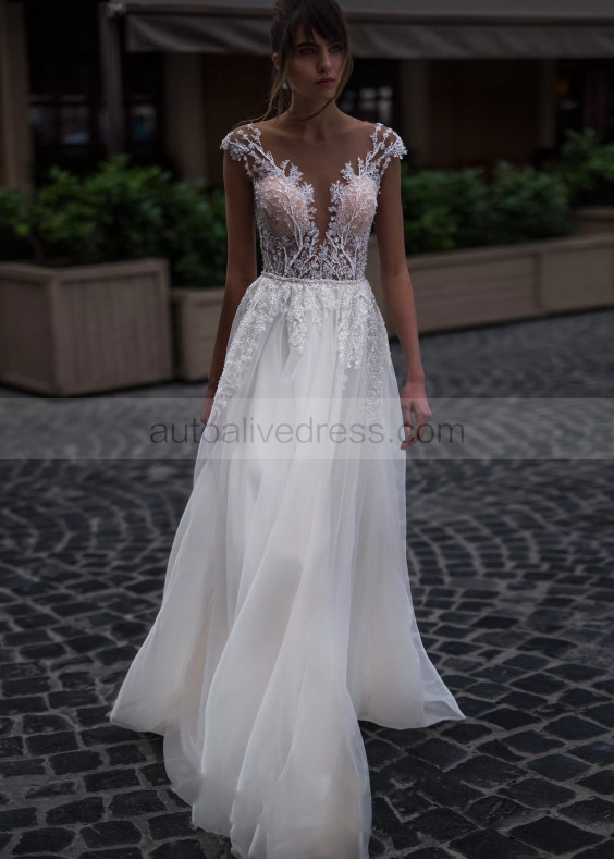 Cap Sleeves Beaded Ivory Lace Tulle Chic Wedding Dress